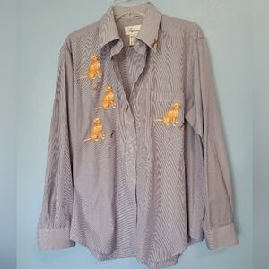 Fabrizio Stripe Embroidered Golden Retriever Button-down Shirt Blue L